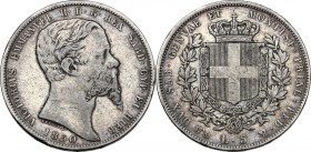 Vittorio Emanuele II (1849-1861), Re di Sardegna. 5 Lire 1850 Genova. Pag. 370; Mont. 41. AR. 37.00 mm. R. qBB/BB.