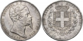 Vittorio Emanuele II (1849-1861), Re di Sardegna. 5 lire 1858 Torino. Pag. 386; Mont. 56. AG. 37.00 mm. RR. Segnetti BB/BB+.
