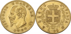 Vittorio Emanuele II (1861-1878). 20 Lire 1864 Torino. Pag. 458; Mont. 134. AU. 21.00 mm. BB/BB+.