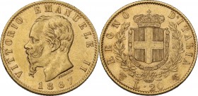 Vittorio Emanuele II (1861-1878). 20 Lire 1867 Torino. Pag. 461; Mont. 137. AU. 21.00 mm. BB+.