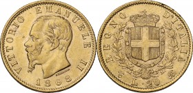 Vittorio Emanuele II (1861-1878). 20 Lire 1868 Torino. Pag. 462; Mont. 138. AU. 21.00 mm. Segnetti sul ciglio. BB.