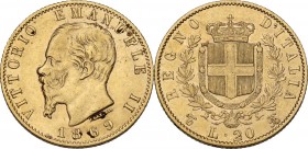Vittorio Emanuele II (1861-1878). 20 Lire 1869 Torino. Pag. 463; Mont. 139. AU. 21.00 mm. BB/BB+.