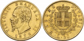 Vittorio Emanuele II, Re d'Italia (1861-1878). 20 Lire 1878 Roma. Pag. 475 var. Mont. 152a. AU. 21.00 mm. RR. 1 capovolto. Minimo colpetto al ciglio. ...
