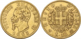 Vittorio Emanuele II (1861-1878). 10 Lire 1863 Torino. Pag. 477; Mont. 155. AU. 18.50 mm. BB+.