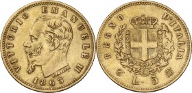 Vittorio Emanuele II (1861-1878). 5 Lire 1863 Torino. Pag. 479; Mont. 159. AU. 17.00 mm. R. BB.