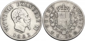Vittorio Emanuele II (1861-1878). 50 centesimi 1863 Torino. Pag. 526; Mont. 214. AG. 18.00 mm. NC. qBB.