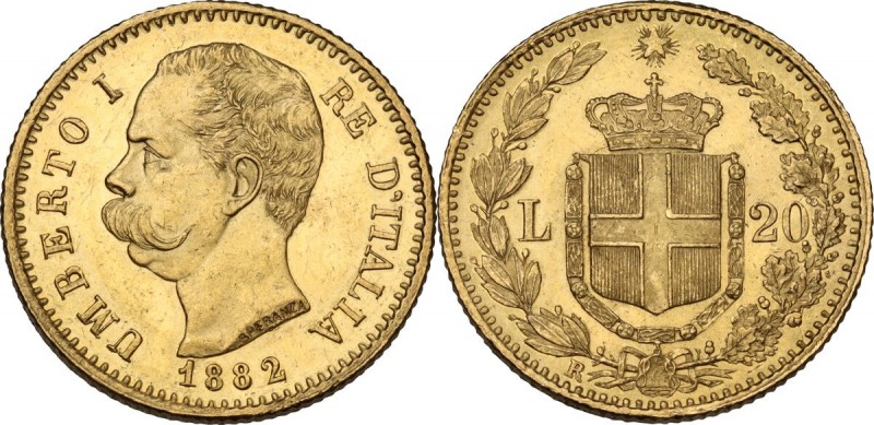 Umberto I (1878-1900). 20 Lire 1882. Pag. 578; Mont. 16. AU. 21.00 mm. SPL+/qFDC...