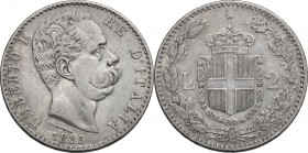 Umberto I (1878-1900). 2 lire 1885. Pag. 595; Mont. 40. AG. 27.00 mm. RR. BB/BB+.
