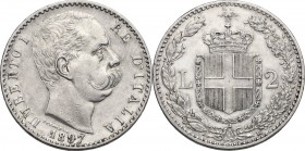 Umberto I (1878-1900). 2 lire 1897. Pag. 598. Mont. 43. AG. 27.00 mm. Bel BB.