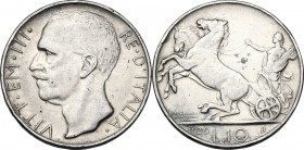 Vittorio Emanuele III (1900-1943). 10 lire 1930. Pag. 695; Mont. 95. AG. 27.00 mm. R. Colpetti al ciglio qBB.