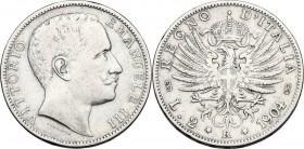 Vittorio Emanuele III (1900-1943). 2 lire 1904. Pag. 728; Mont. 143. AG. 27.00 mm. RR. Tentativo di foro superficiale nello 0 della data. MB/BB.