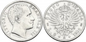 Vittorio Emanuele III (1900-1943). 2 lire 1905. Pag. 729; Mont. 144. AG. 27.00 mm. qBB.