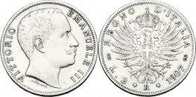 Vittorio Emanuele III (1900-1943). 2 lire 1907. Pag. 731; Mont. 146. AG. 27.00 mm. qBB/BB.