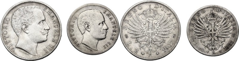 Vittorio Emanuele III (1900-1943). Lotto di due (2) monete 1907: 2 lire e 1 lira...