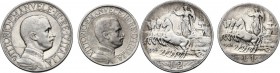 Vittorio Emanuele III (1900-1943). Lotto di due (2) monete 1908: 2 lire e 1 lira. Pag. 732,768; Mont. 147,194. AG. 27.00 mm. R.