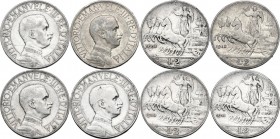 Vittorio Emanuele III (1900-1943). Serie di quattro (4) monete da 2 lire: 1908, 1910, 1911, 1912. Pag. 732,733,734,735; Mont. 147,148,149,150. AG. 27....