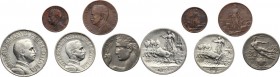 Vittorio Emanuele III (1900-1943). Serie di sei (6) monete 1910: 2, 1 lire, 20, 2, 1 centesimi. Pag. 733,770,831,933,947; Mont. 148,196,278,406,424. A...