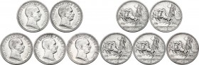 Vittorio Emanuele III (1900-1943). Serie di quattro (4) monete da 2 lire: 1914, 1925, 1916, 1917. In aggiunta 2 lire 1916. Pag. 737,738,739,740; Mont....