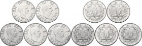 Vittorio Emanuele III (1900-1943). Lotto di cinque (5) monete da 2 lire: 1939, 1940, 1941, 1942, 1943. Pag. 758/762; Mont. 180/187. AC. 29.00 mm.