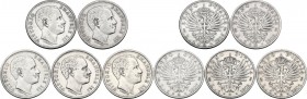 Vittorio Emanuele III (1900-1943). Serie di cinque (5) monete da 1 lira: 1901, 1902, 1905, 1906, 1907. Pag. 763,764,765,766,767; Mont. 188,189,190,191...