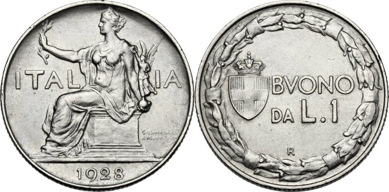 Vittorio Emanuele III (1900-1943). Buono da 1 lira 1928, asse spostato di 15°. P...