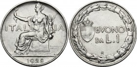 Vittorio Emanuele III (1900-1943). Buono da 1 lira 1928, asse spostato di 15°. Pag. 781; Mont. 209b. NI. 26.50 mm. R. SPL.