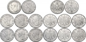 Vittorio Emanuele III (1900-1943). Lotto di otto (8) monete da 1 lira: 1936 (lucidata), 1939 (XVII), 1939 (XVIII), 1940, 1940 (calamitabile), 1941, 19...