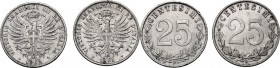 Vittorio Emanuele III (1900-1943). Lotto di due (2) monete da 25 centesimi: 1902 e 1903. Pag. 827,828; Mont. 273,274. NI. 21.50 mm. R.