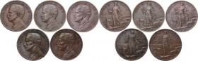 Vittorio Emanuele III (1900-1943). Lotto di cinque (5) monete da 5 centesimi: 1909, 1912, 1913, 1915, 1918. Pag. 893/897; Mont. 360/366. CU. 25.00 mm....