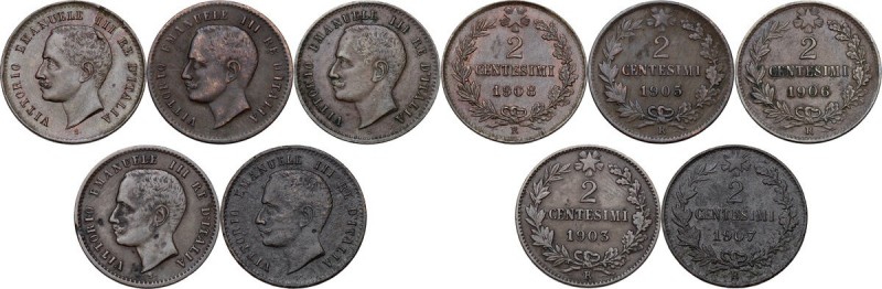 Vittorio Emanuele III (1900-1943). Serie di cinque (5) monete da 2 centesimi: 19...