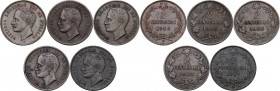 Vittorio Emanuele III (1900-1943). Serie di cinque (5) monete da 2 centesimi: 1903, 1905, 1906, 1907, 1908. Pag. 926,927,928,929,930; Mont. 398,399,40...
