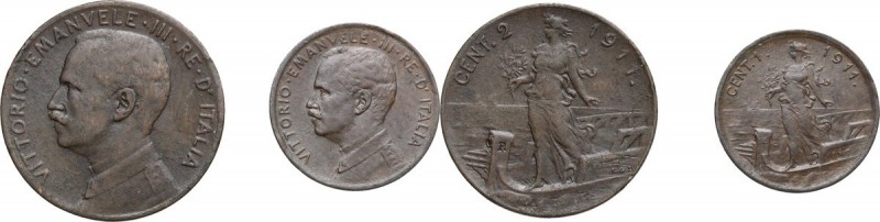 Vittorio Emanuele III (1900-1943). Lotto di due (2) monete: 2 e 1 centesimi 1911...