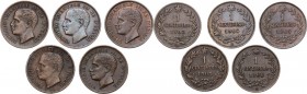 Vittorio Emanuele III (1900-1943). Lotto di cinque (5) monete da 1 centesimo: 1903, 1903 (cifra 3 più bassa), 1904, 1905, 1908. Pag. 941/944; Mont. 41...