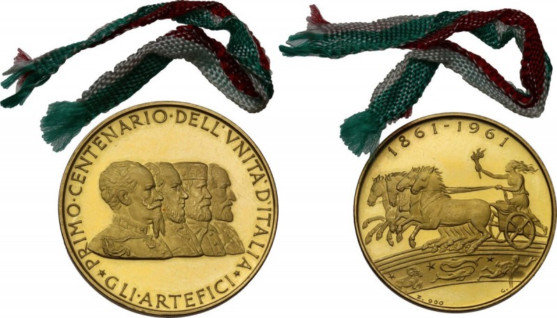 Medaglia 1961 per il centenario dell'unità d'Italia. AU. 6.97 g. 22.00 mm. In bu...