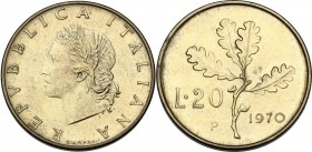 20 lire 1970 segno di zecca P. Mont. 14. AE. 21.00 mm. qSPL/SPL.
