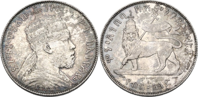 Ethiopia. Menelik II (1889-1913). 1/2 birr 1889 A, Paris mint. KM 15. AR. 30.00 ...