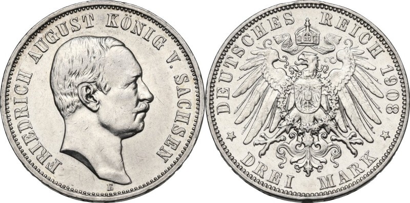 Germany, Sachsen. Friedrich August III (1904-1918). AR 3 Mark 1908 E, Muldenhutt...