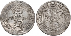 Zygmunt II August, Trojak Wilno 1563 Odmiana z nowym zapisem tytulatury - z D*G (Dei Gratia - z bożej łaski) - bitym w latach 1563-1564. Wariant z Top...