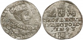 Zygmunt III Waza, Trojak Olkusz 1593 - SIG 3 - w szacie Ciekawszy trojak z charakterystycznym popiersiem króla w szacie. Odmiana z tytulaturą króla z ...