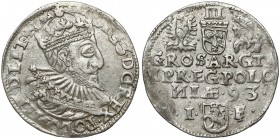 Zygmunt III Waza, Trojak Olkusz 1593 - SIG 3 - z krzyżem Ciekawszy trojak z charakterystycznym popiersiem króla w szacie. Odmiana z tytulaturą króla z...