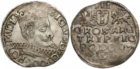 Zygmunt III Waza, Trojak Wschowa 1597 - wąskie Odmiana z wąską głową króla i tytulaturą z SIGI.3.
Reference: Iger W.97.1.g
Grade: XF 

POLAND POLE...