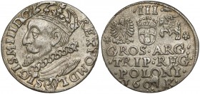 Zygmunt III Waza, Trojak Kraków 1601 - w lewo Charakterystyczny trojak krakowski z głową króla zwróconą w lewo. Ładny. 
Reference: Iger K.01.1.a (R1)...