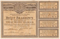 Bilet Skarbowy, 1.000 mkp 1920 - Serja I AJ Rzadka emisja.&nbsp; Złożony w pół, z osłabieniem i przetarciem papieru na zbiegu lini złamania z dolnym m...