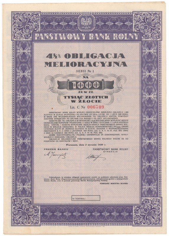 Obligacja Melioracyjna PBR, 1.000 zł 1939 

POLAND BONDS SHARES HWP POLAND POL...