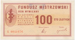 PWPW, Bon wymienny Funduszu Mistrzowskiego - 100 zł 1982 na Jana Moczydłowskiego Bardzo rzadki, być może unikatowo zachowany bon wewnętrzny Funduszu M...