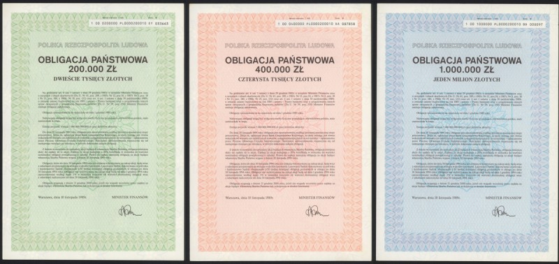 Obligacje Państwowe 200 tys, 400 tys i 1 mln zł 1989 (3szt) 

POLAND BONDS SHA...