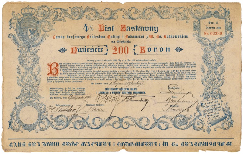 List zastawny, Lwów, Bank Krajowy, 200 kr 1894 

POLAND BONDS SHARES HWP POLAN...