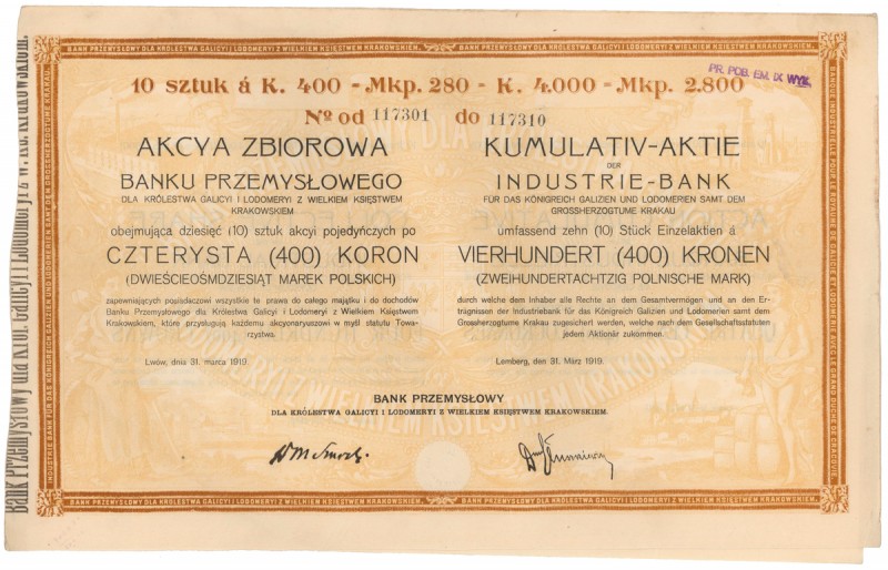 Bank Przemysł. dla Król. Galicyi i Lodomeryi, 10x 400 kr 1919 Reference: IBAP #1...