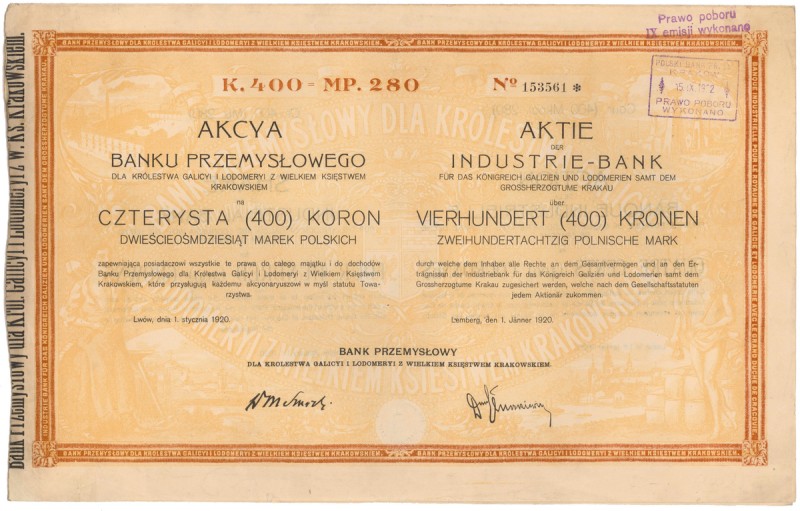 Bank Przemysł. dla Król. Galicyi i Lodomeryi, 400 kr 1920 - ze stemplem Stempel ...