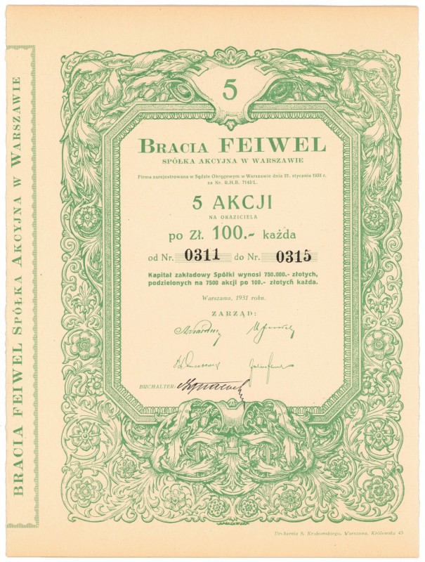 Bracia FEIWEL, 5x 100 zł 1931 Reference: IBAP #818, Koziorowski 181-2, Niegrzybo...